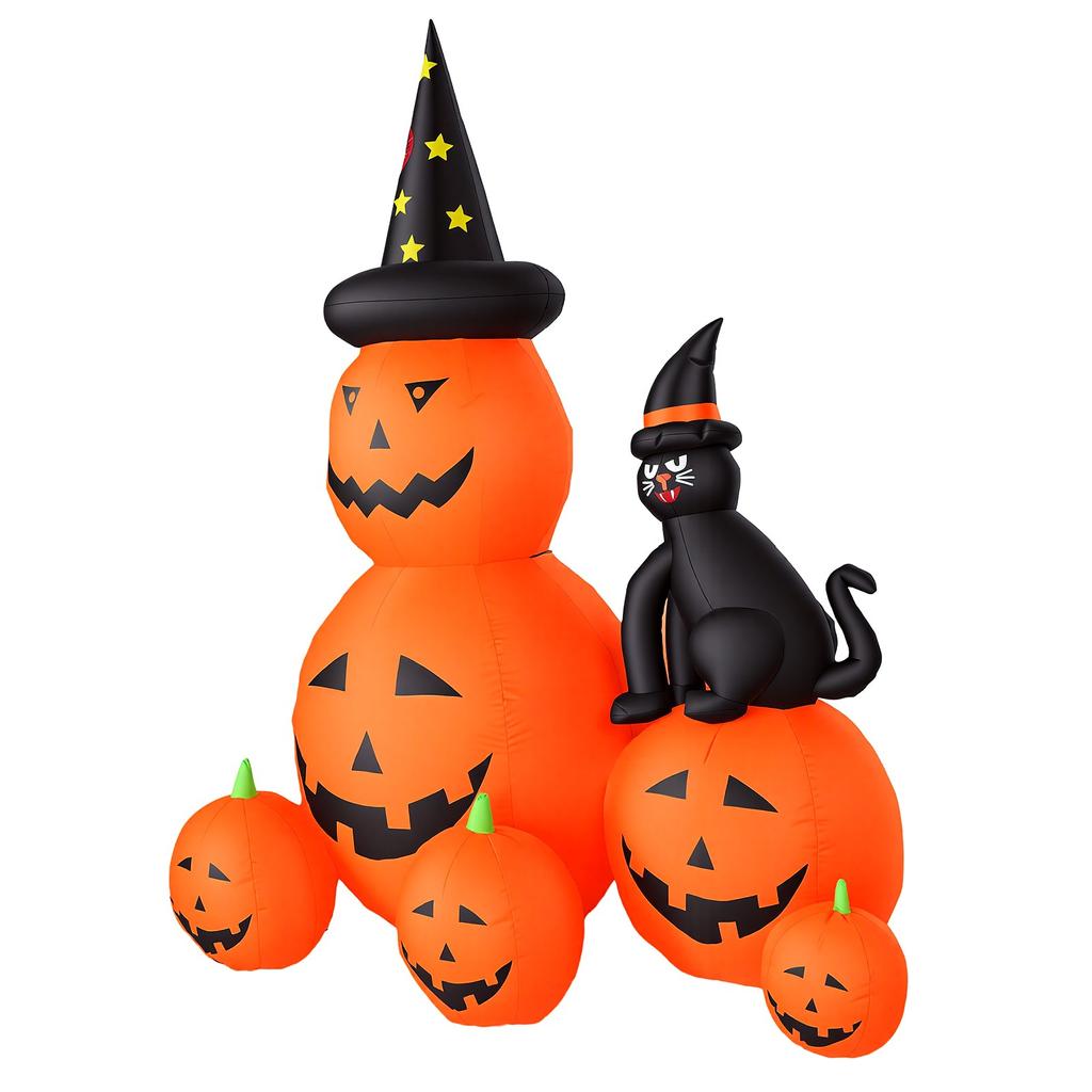 Inflatable Stacked Pumpkin with Witch Hat and Black Cat 5.9FT Holiday Blow Up Pumpkins Yard Decoration with Light for