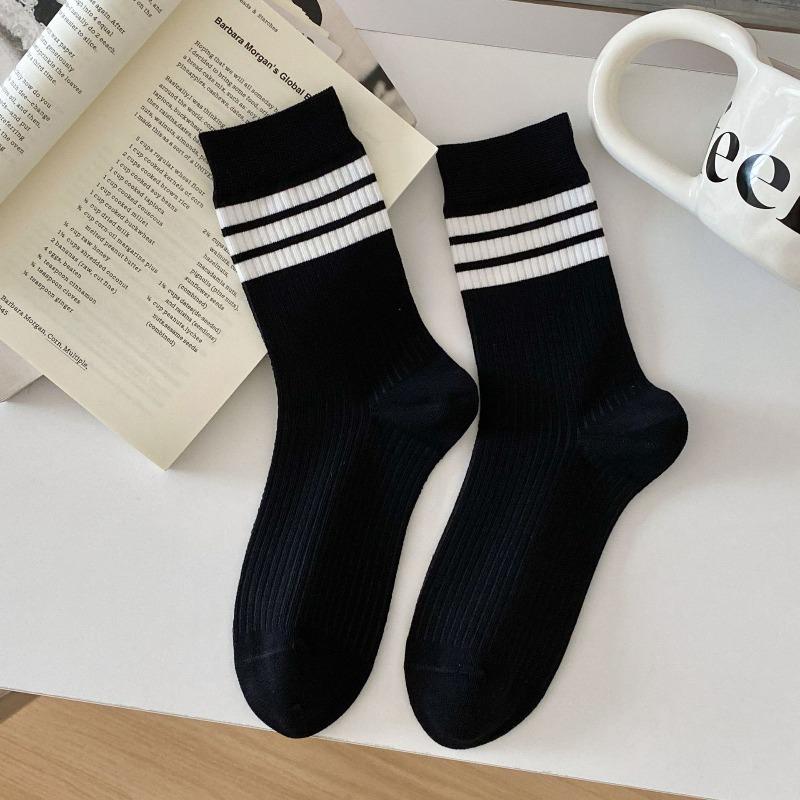 Chaussettes mi-mollet sans bordure à trois rayures pour femmes, Tendance et polyvalente, Chaussettes bouclettes style étudiant, Coton pour l'automne et l'hiver