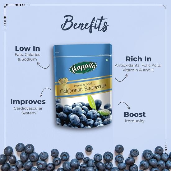 Happilo Premium Dried Californian Blueberries 150 G (Pack of 1) | Rich In Calcium and Vitamin K | Vegan, Non-GMO & No Preservatives
