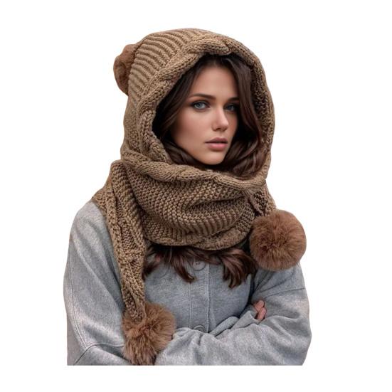 

Зимова тепла в язана шапка однотонна з декором у вигляді плюшевої кульки, текстура переплетіння, вовняний шарф-капюшон, головний убір для холодної погоди хакі