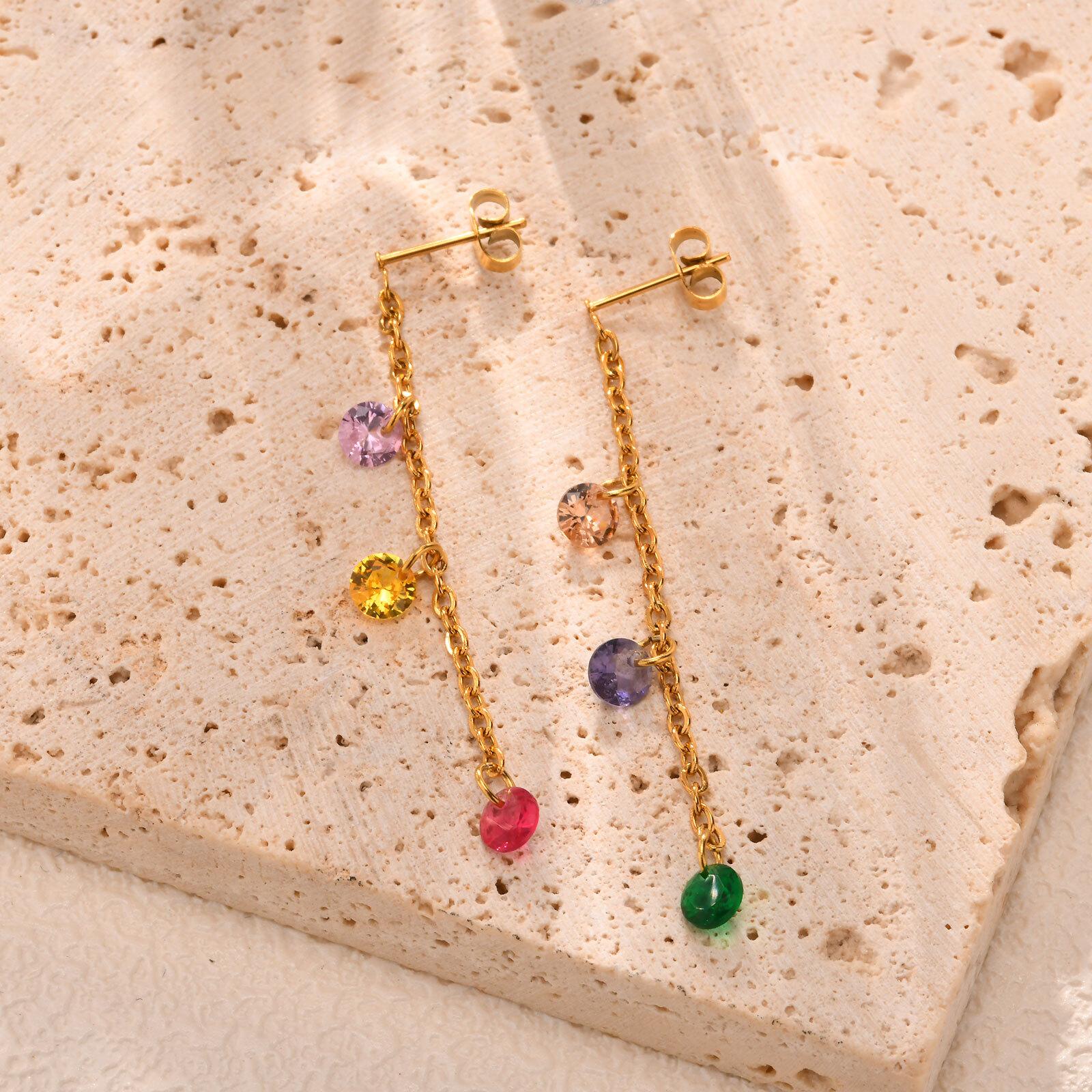 Sparkling Zirconia Dangle Chain Earrings for Women, Stainless Steel Long Chain Drop Earrings Jewelry золотой