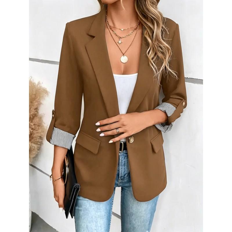 Womens Slim Fit Casual Blazer With Roll-Up 3/4 Sleeve Single Button Notched Lapel Solid Color Office Wear