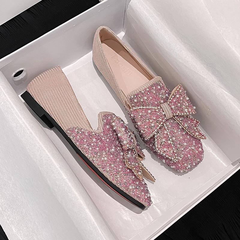 New Fashion Women Flat Shoes Beautiful Crystal Bowknot Boat Shoes Slip-on Loafers