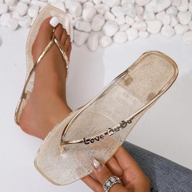 2025 Summer Casual Fashion Round Toe Wedge Translucent Comfortable Open Toe Anti-Slip Wear-Resistant Flip Flop