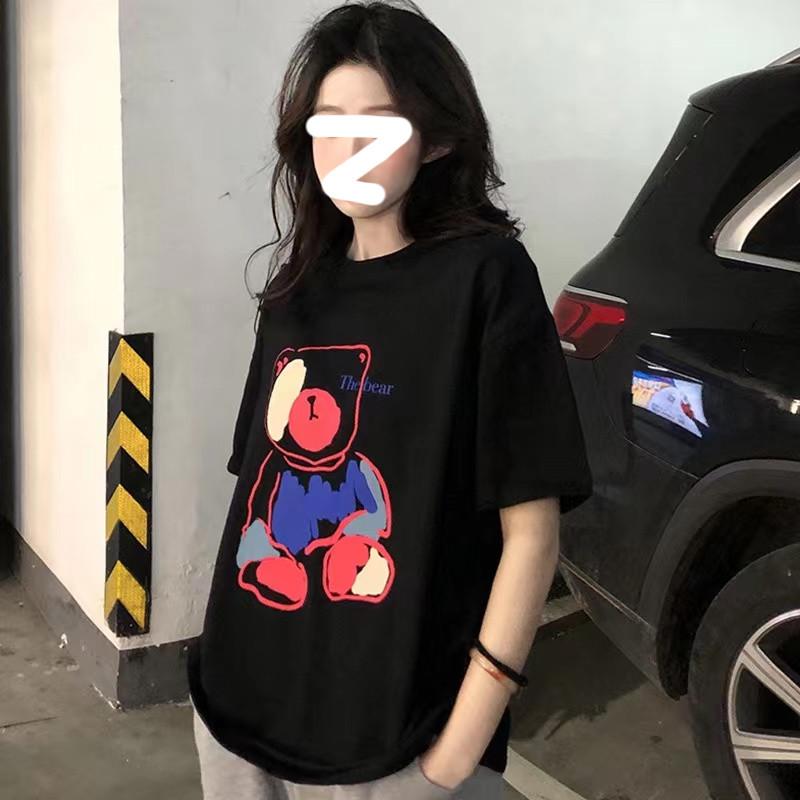 

2025 Summer Cotton Short Sleeve T-Shirt Women s Large Edition Loose Color Graffiti Bear Half-Sleeved Top XXXL чорний