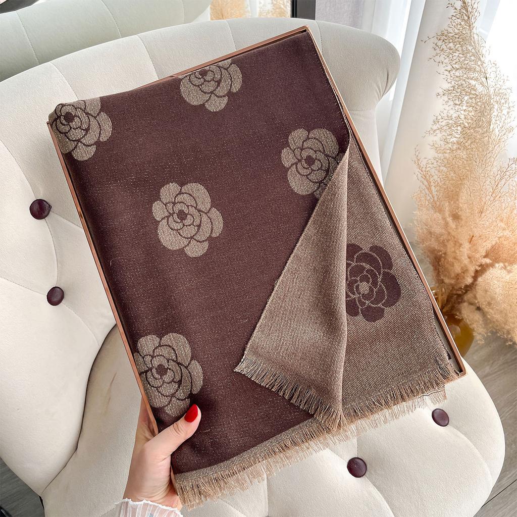 Amazon Popular Advanced Sense Simulation Silk Women'S Sunscreen Scarf Thin Silk Scarf Camellia Gold And Silver Silk Scarf