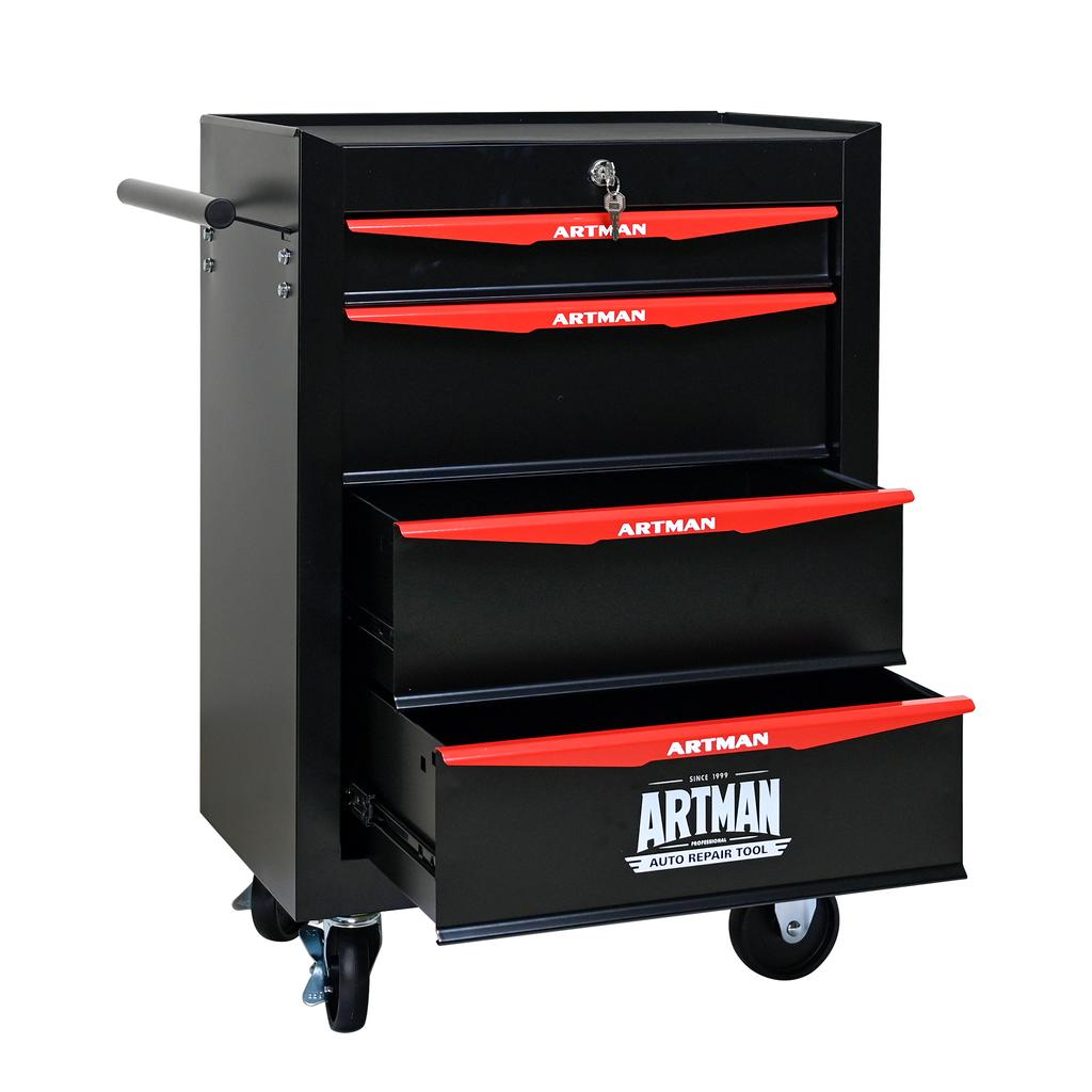 Mobile Metal Tool Cabinet with 4 Drawers, 508 mm (20 Inch), and Ball-Bearing Drawer Slides, Organizing Steel Tool Box – Black-Red