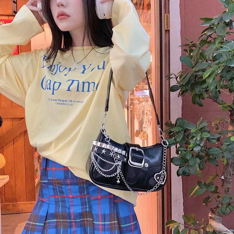 Fashi Hot Girls Square Shoulder Bags Retro Rivet Star Women's Underarm Bag Sweet Pu Leather Female Chain Handbags Pink Purse