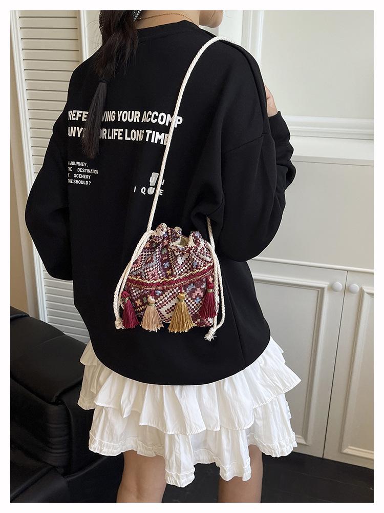 Ethnic Style Women's Tassel Drawstring Crossbody Bag