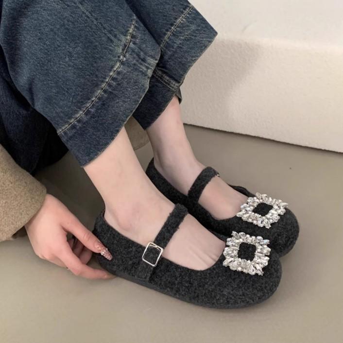 Inner Heightening Women's Shoes Temperament Mary Jane Shoes 2025 Spring and Autumn New French Square Head Rhinestone Shoes