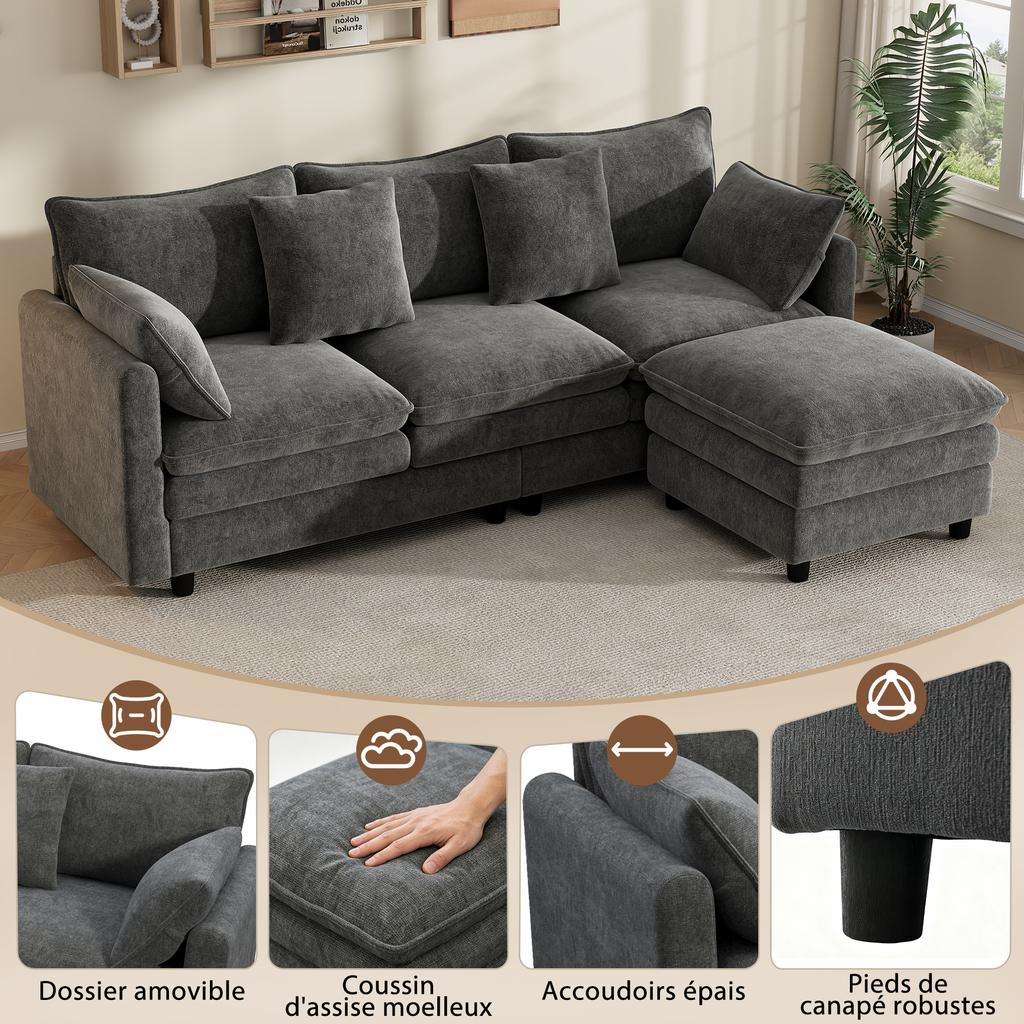L-Shaped Corner Sofa with 4 Cushions and 3 Backrests, 3-Seater Sofa with Chaise Longue, Capacity up to 120 kg, Living Room Sofa 212×150×90 cm, Grey