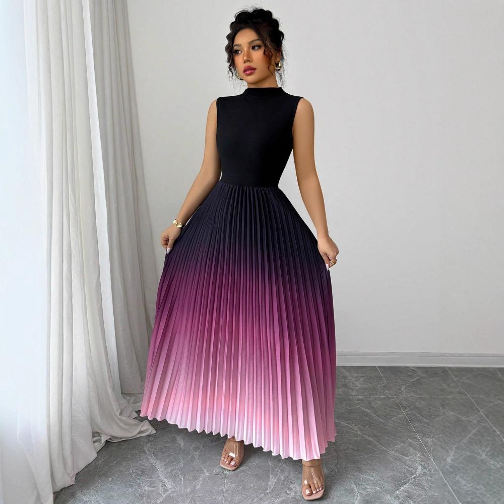 Women's Mock Neck Sleeveless Slim Fit Maxi Dress Pleated Ombre Color Long Gown