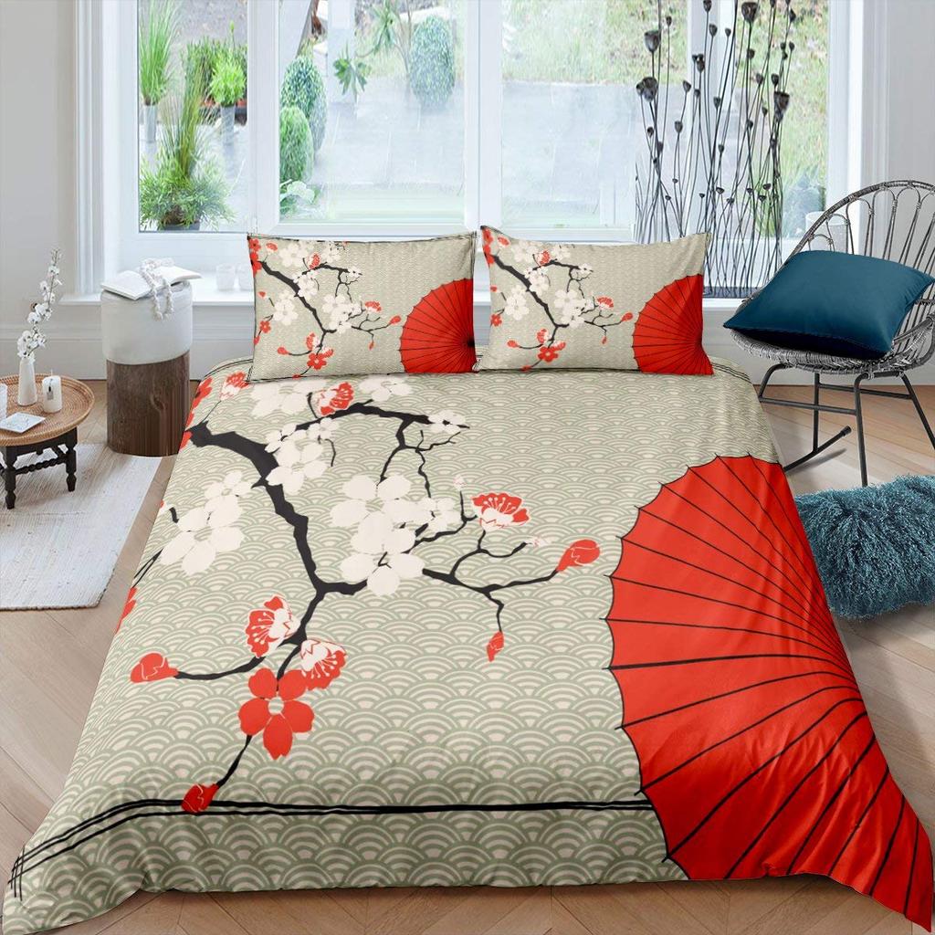 Japanese Style King Queen Duvet Cover Koi Fish Cherry Bedding Set Ukiyo-E Geisha Quilt Cover Sun Crane Polyester Comforter Cover