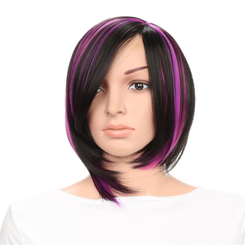 

Синтетические волосы Фиолетовый смешанный черный парики для женщин Короткий парик боб с длинной челкой Модные драг-парики Прямой стиль Косплей парик Бобы