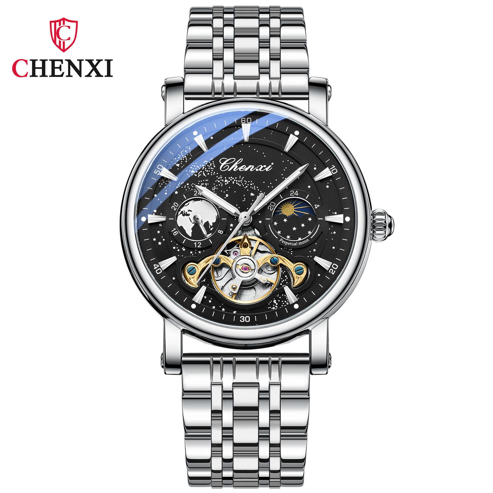 

Новые роскошные мужские часы ТОП-бренда с коробкой Star River Hollow Flywheel, мужские часы, полностью автоматические светящиеся деловые мужские механические часы steel belt чёрный