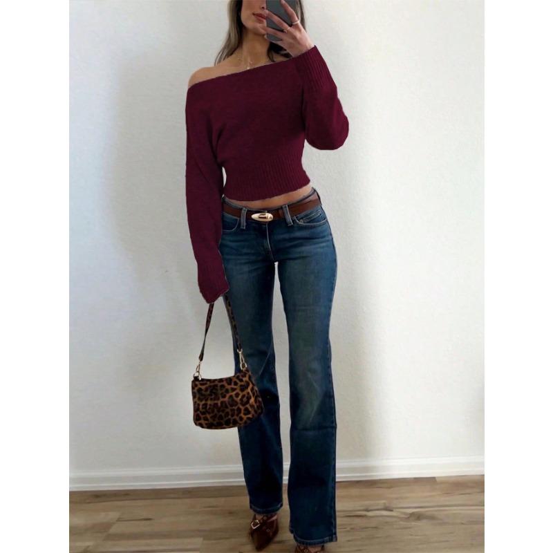 Women Loose Off Shoulder Long Sleeve Knit Cropped Sweater