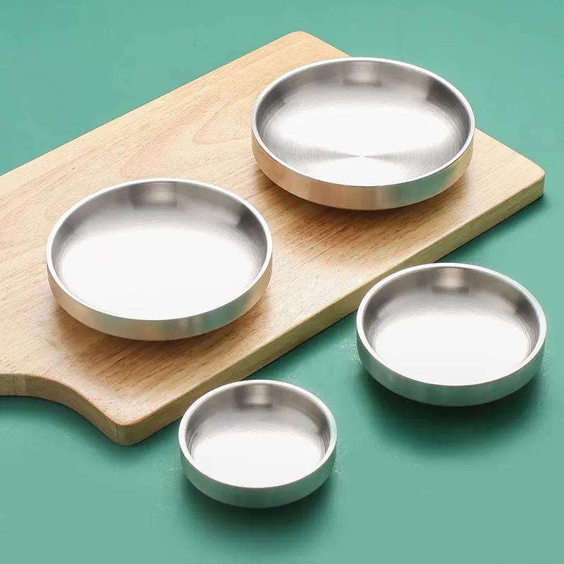 Double-Layer Round Kimchi Plate Dish, 304 Stainless Steel,Silver Color,Rice Bowl,Cold Noodle Plate Bowl,Insulation,Anti-Scalding