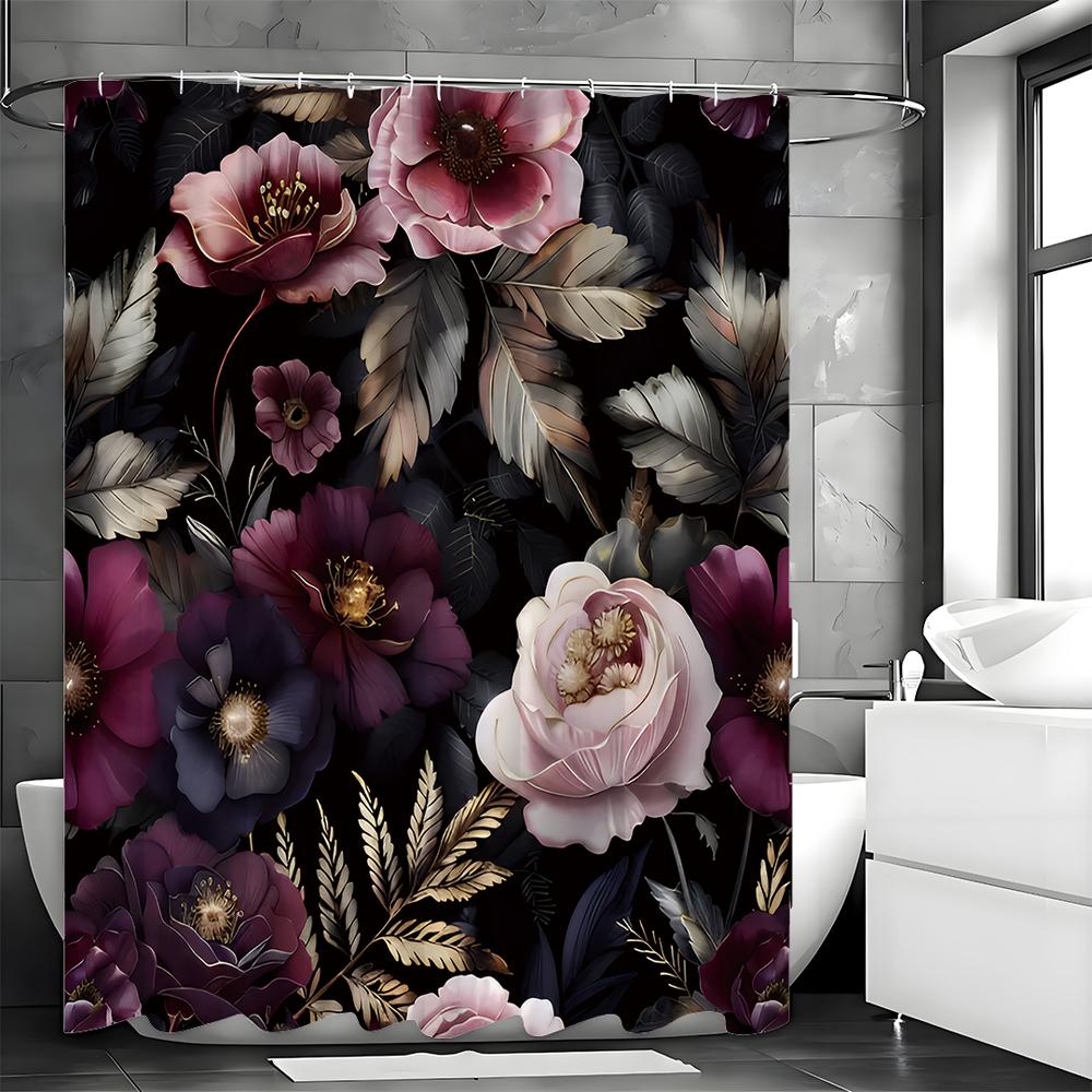 Lila Blommig Svart Bakgrund Duschdraperi, Badrum Dekorativt Duschdraperi, Vattentätt Duschdraperi med Krokar