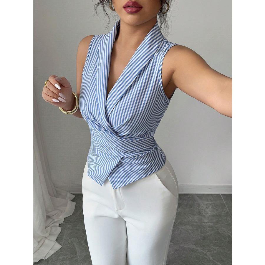 Blue Striped Sleeveless Shirt  Summer New Fashion Casual Strap Waist Slimming Vest Sleeveless Shirt