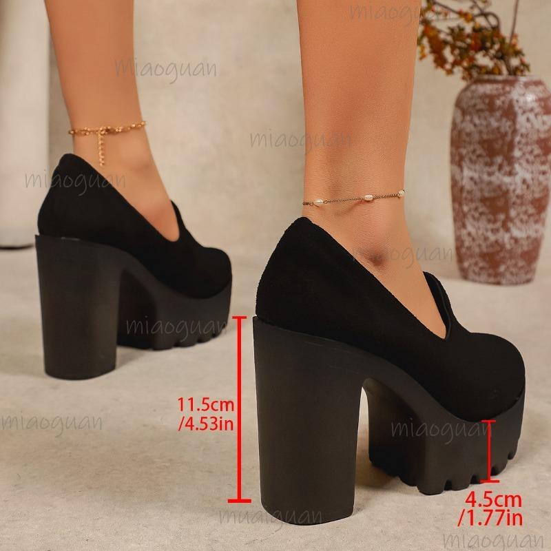 Black Suede Platform Loafers Women's Block Heel Slip-On Shoes Thick Sole Footwear for Ladies Non-Slip Round Toe High Heel Pumps