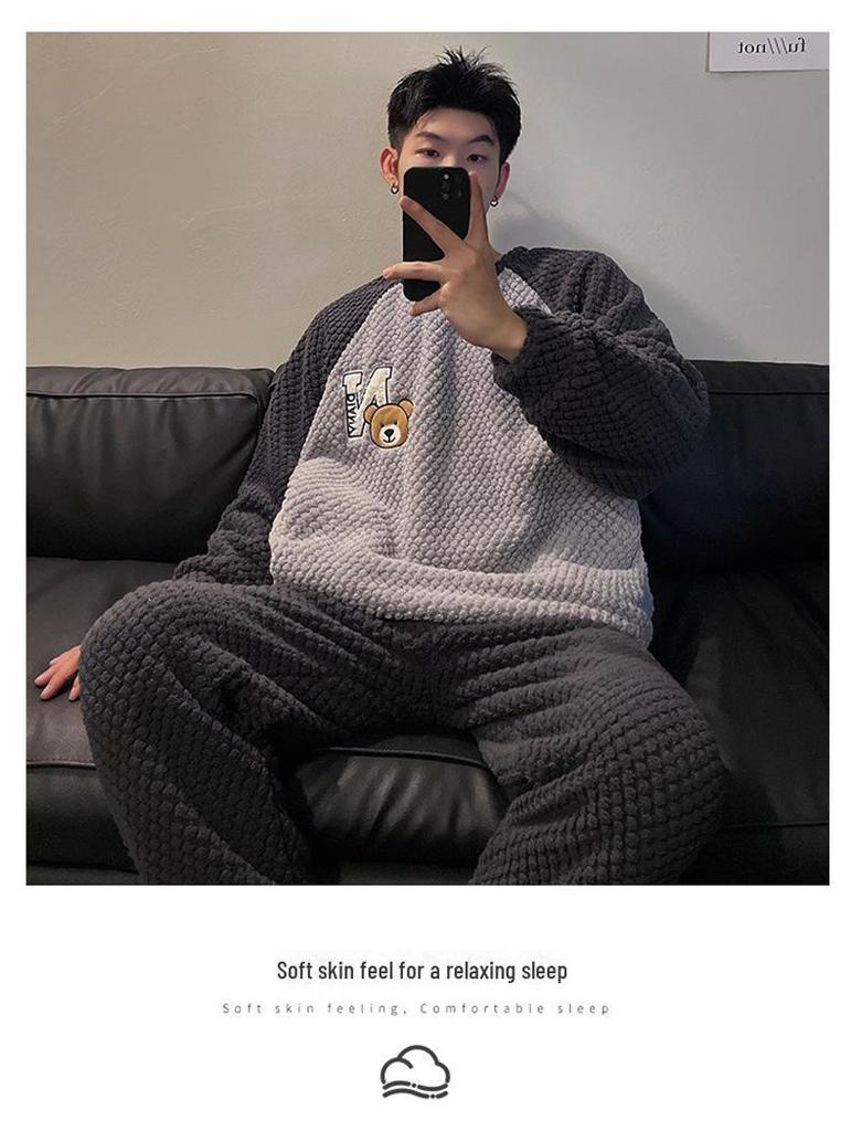 Pánská pyžamová souprava s dlouhým rukávem z korálového fleecu - Hřejivá, silná, žakárový design, vhodná pro domácí nebo venkovní nošení na podzim a v zimě.