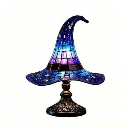 Üvegfestett boszorkánykalap lámpa, Halloween dekoráció asztali lámpa, Állítható fényerő, Kísérteties otthoni kiegészítő lámpa Witch hat lamp-blue