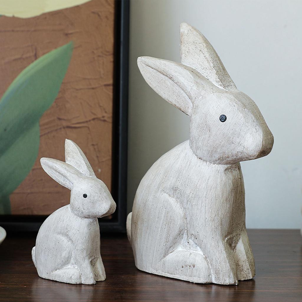 Easters Rabbit Statue Set of 2 Cute Wooden Bunnies Figurines Decors for Living Room or Bedroom Desktop Display Ornaments