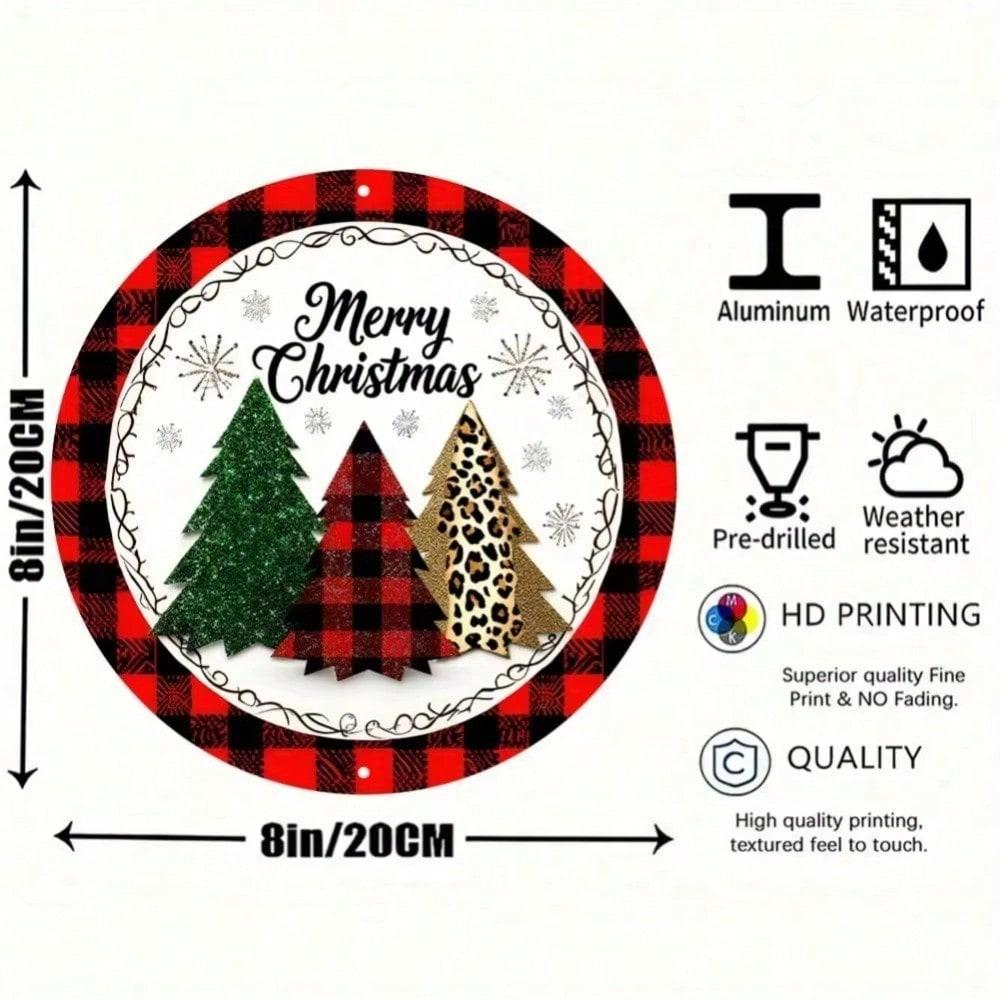 Aluminium Christmas 8 Inch Round Wreath Wall Decor, Red Black Plaid Leopard Pattern Metal Sign for Holiday Home Decoration