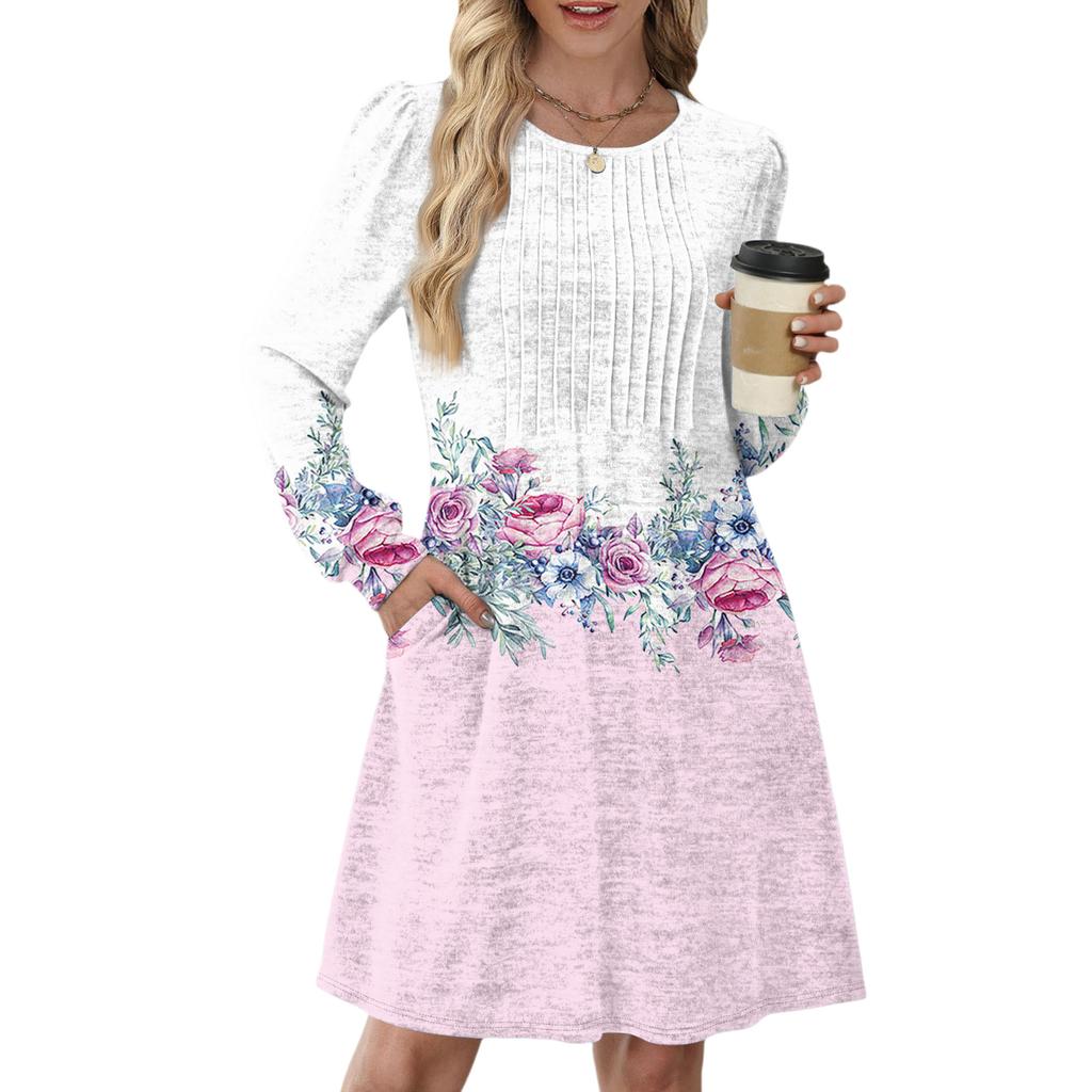 Women's Long Sleeve Pleated Round Neck Vintage Floral Print Casual Dress With Pockets