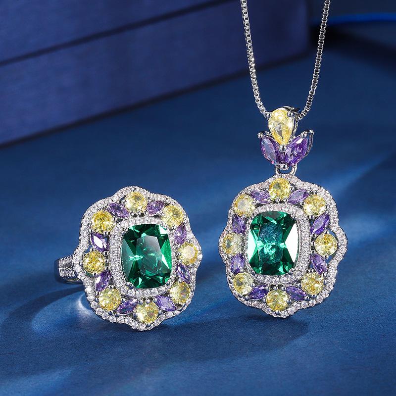 Jewelry Copper Bottom Gold-Plated Simulation Grandmother Green Suit Retro Creative Full Diamond Luxury Inlaid Main Stone 8 * 12