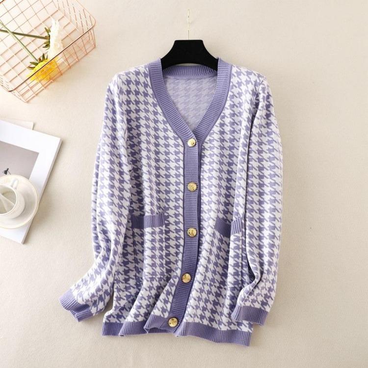 Women Casual Comfortable Knitted Cardigan Houndstooth V Neck Single Breasted Full Sleeve Top Black Gray Pink One Size