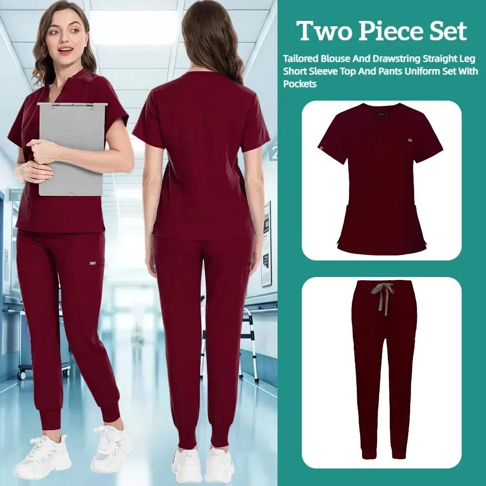 Zdravotnický uniformní oblek Krátký rukáv V-výstřih Topy+jogger kalhoty Set Ošetřovatelská uniforma Dámská Vícebarevná Pet Doctor Scrub Lékařské pracovní oblečení