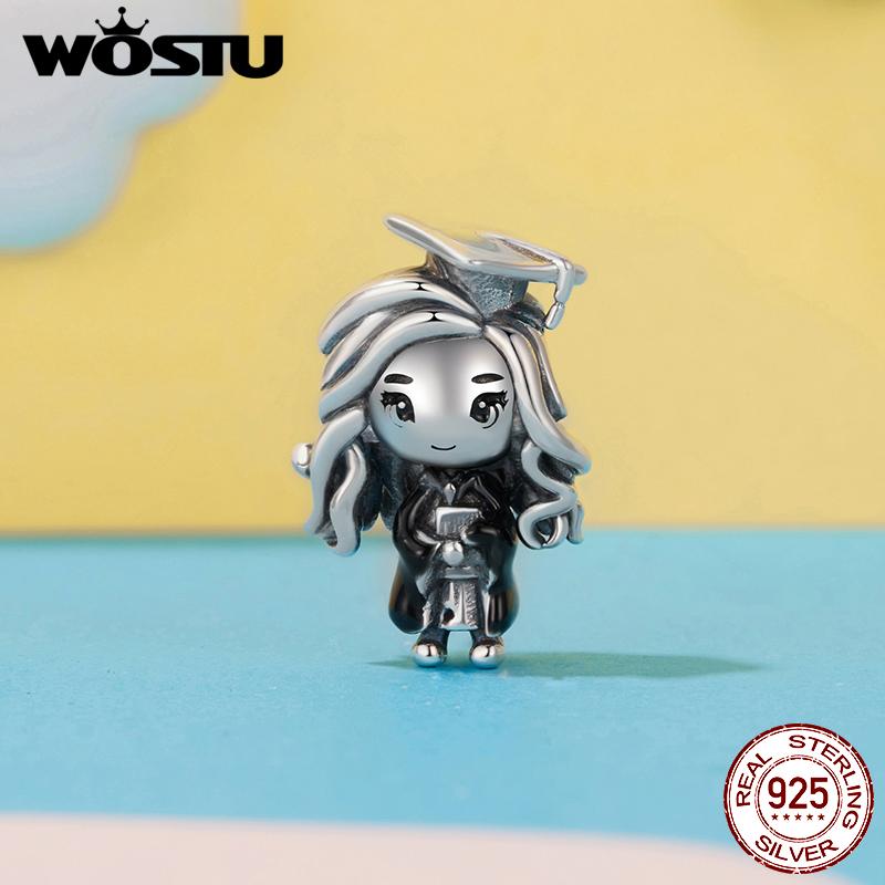 WOSTU Graduation Jewelry 925 Silver Girl & boy Charm Unicorn Pendant Retro Owl With Hat Bead Fit Bracelet Daughter Girl DIY Gift