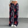 Women's Casual Fashion Printed Elastic Waist Loose Straight Leg Pants With Rope