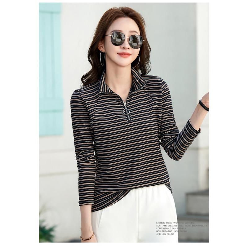 Herbst Reißverschluss Retro Gestreift Langarm Basic Shirt Schmale Passform Vielseitiges Lässiges Oberteil Damen Neues Modisches Oberteil