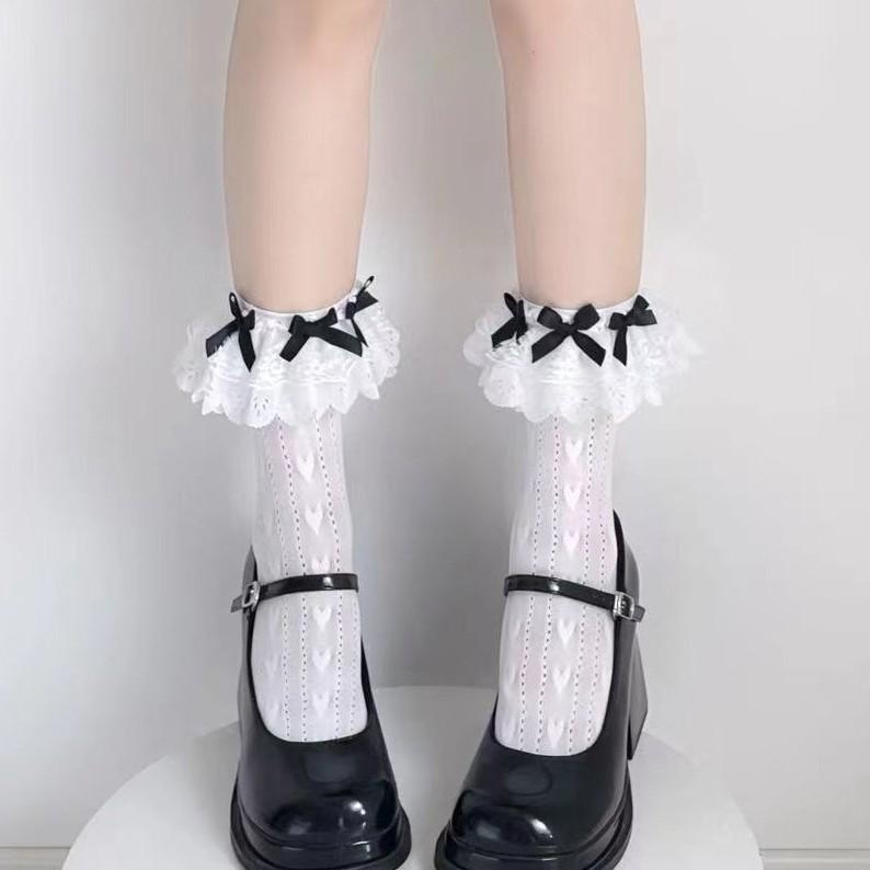 Lolita Summer Knee Socks With Lace Trim And Heart Pattern For Girls