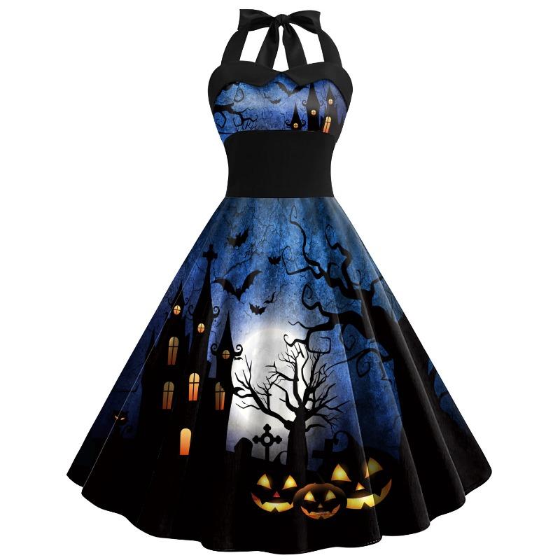 Summer New Halloween Dress Skull Cobweb Printing Costume Women's Strap High Waist Dress Children