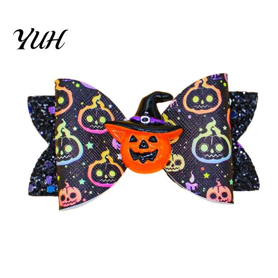 Cute Halloween Hair Accessories Glitter Bow Clips for Kids Baby Girls, Double Layer Party Dress Up Supplies Ghost/Pumpkin/Eyeball Bowtie Pins