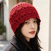 Handmade crochet knitted hat women's autumn and winter hollow flower bag head hat literary and retro wool hat double-layer casual cold hat