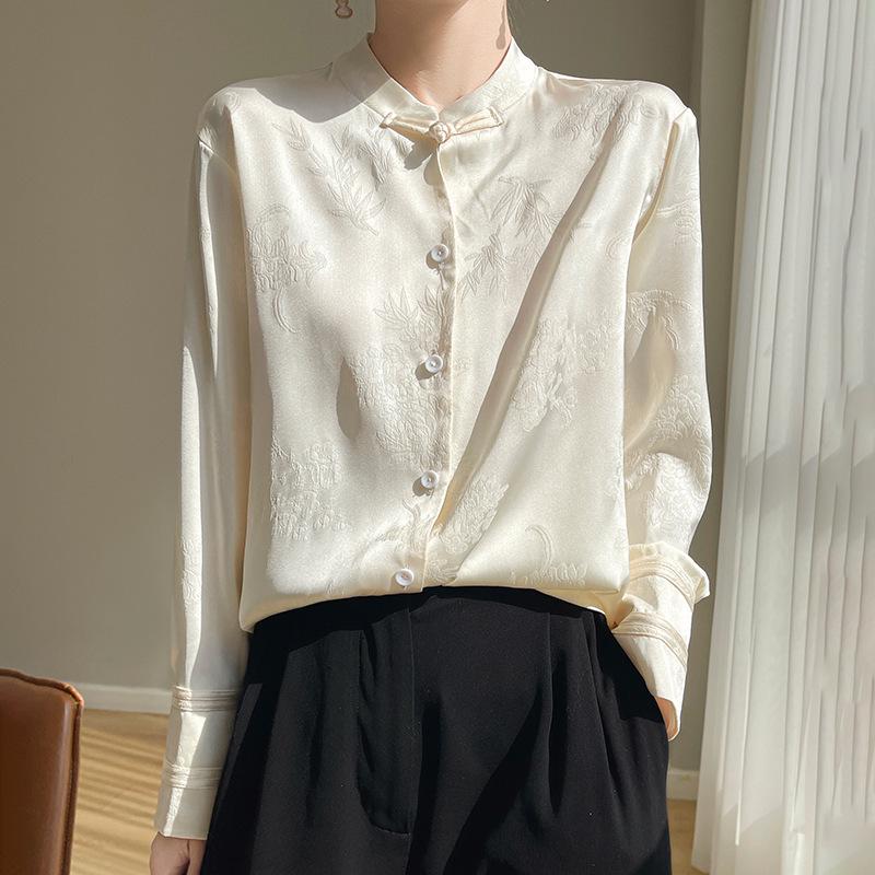 Women's Summer Stand Collar Jacquard Shirt in Solid Color Silk Satin