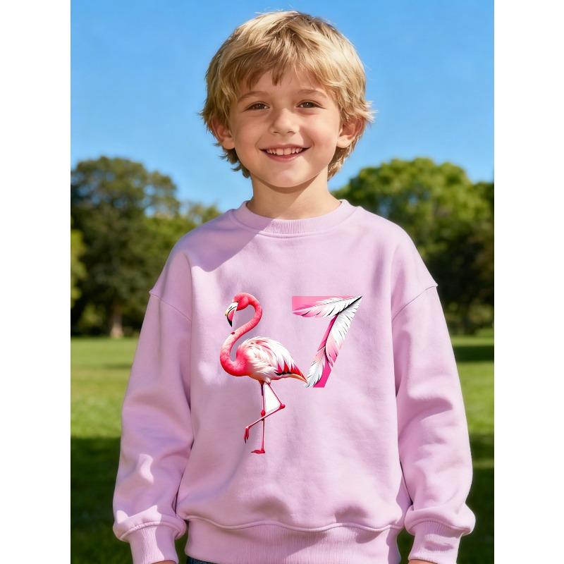 Casual Unisex Sweatshirt for Kids Featuring a Flamingo And The Number Seven, Available in Black, White, And Pink