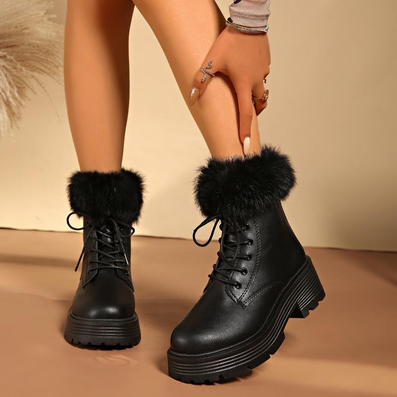 Plush Warm Cotton Boots Winter New Round Toe Lace-up Platform Non-slip Block Heel Plus Size Leather Shoes