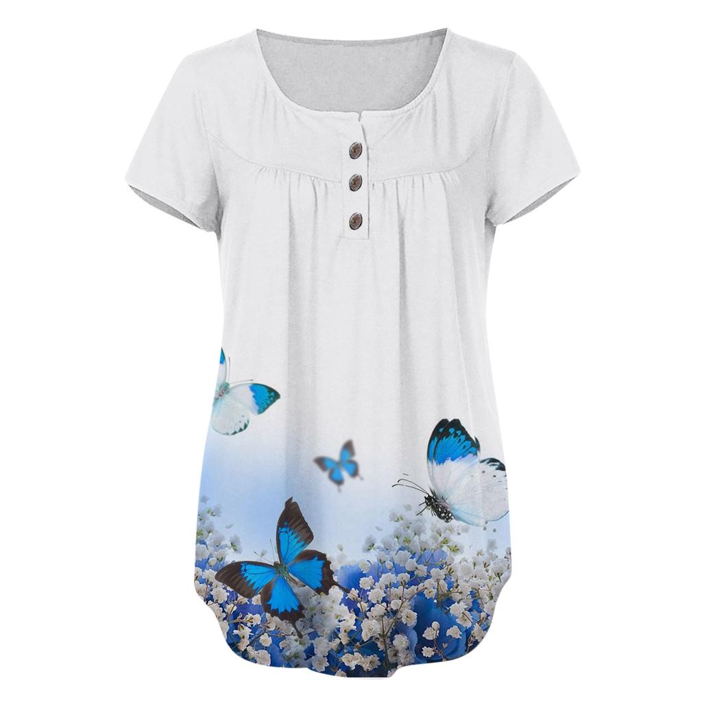 Women's Summer Short Sleeve Round  Neck Top Floral Butterfly Print Top
