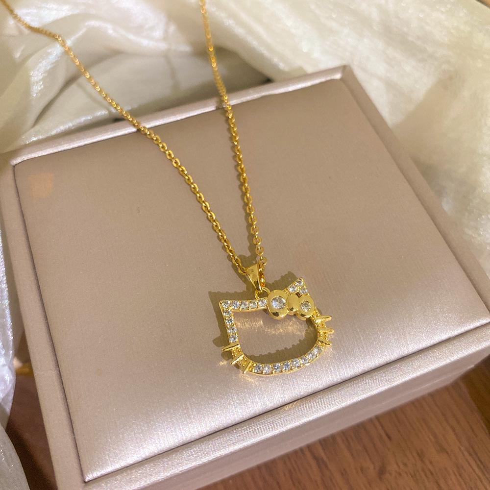 Light Luxury Diamond Bow & Cat Necklace: Versatile, High-End Clavicle Chain for Women – Exquisite, Classic Style