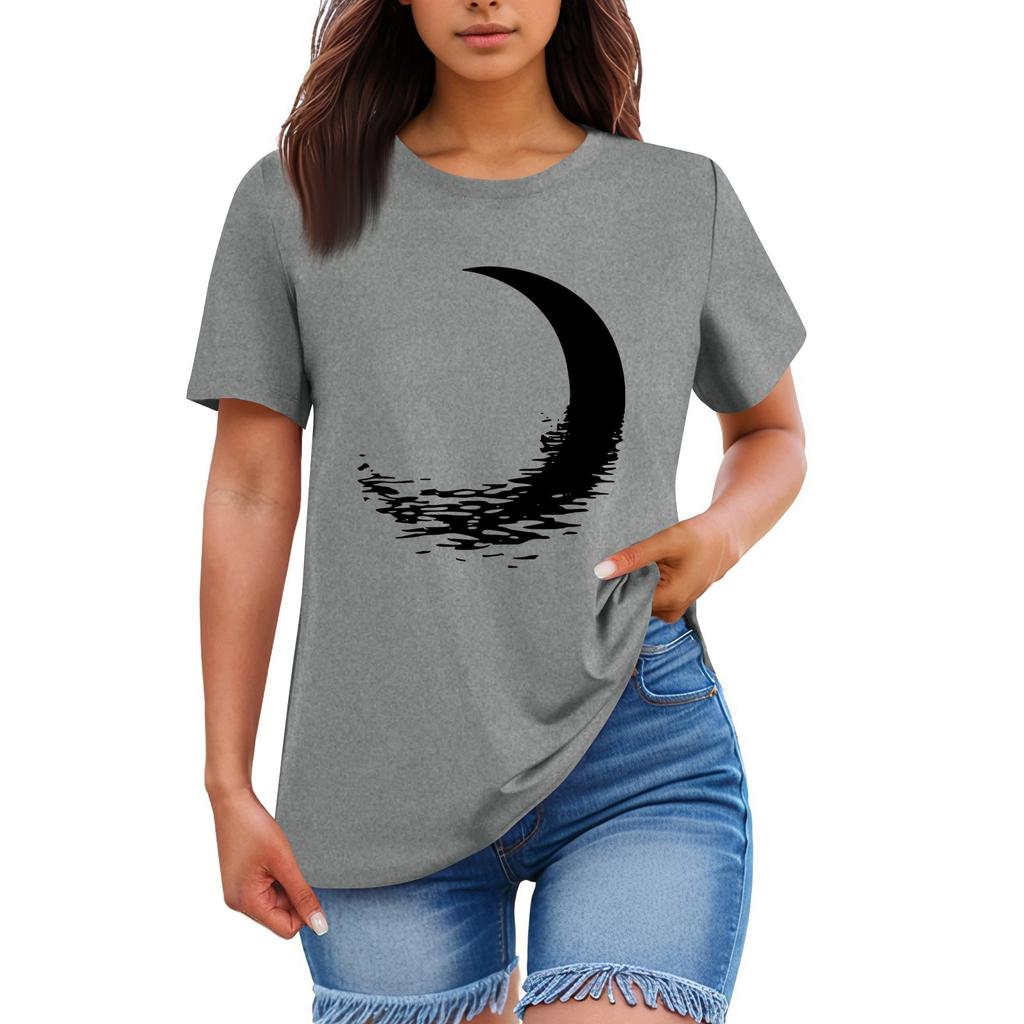 Ladies' Loose Comfortable Casual Fashionable  Moon Pattern Printed Round Neck Short Sleeved Shirt