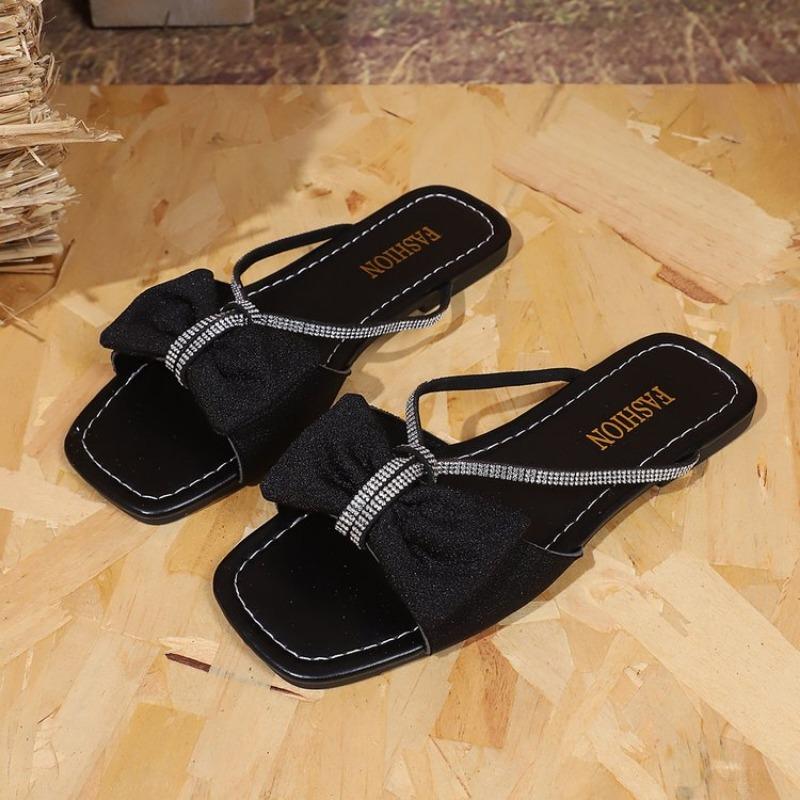 

Модная женская обувь 2025 Модные современные сандалии Женские туфли с открытым носком Летние шлепанцы с бантом-бабочкой Женские шлепанцы на плоской подошве 35 чёрный