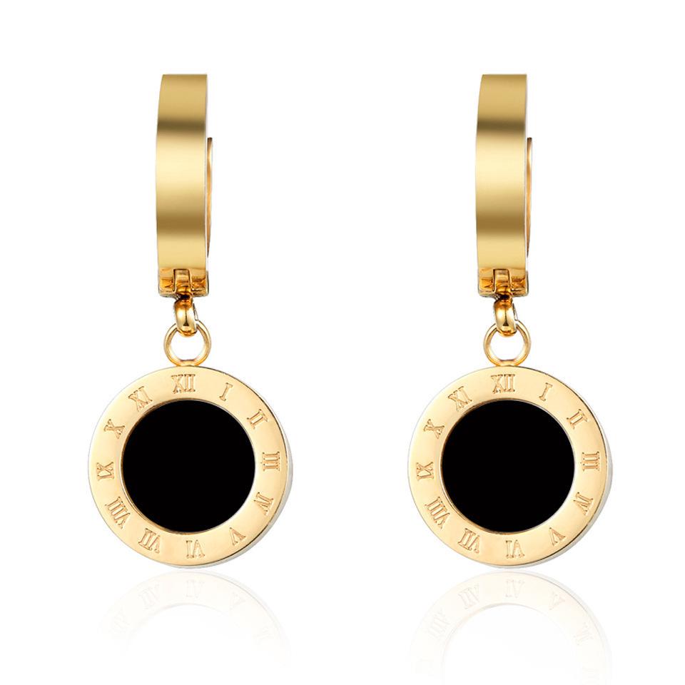 Roman Numeral Titanium Steel Round Pendant Earrings - Simple Fashion Cross-Border Ear Studs.