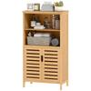 Badezimmer-Aufbewahrungseinheit aus Bambus, Badezimmerschrank mit 2 Türen, 2 offenen Regalen und erhöhten Füßen, 50x29x92 cm, Natur
