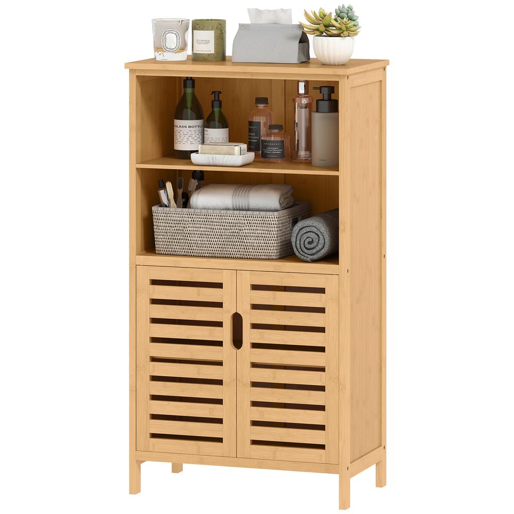 Badezimmer-Aufbewahrungseinheit aus Bambus, Badezimmerschrank mit 2 Türen, 2 offenen Regalen und erhöhten Füßen, 50x29x92 cm, Natur