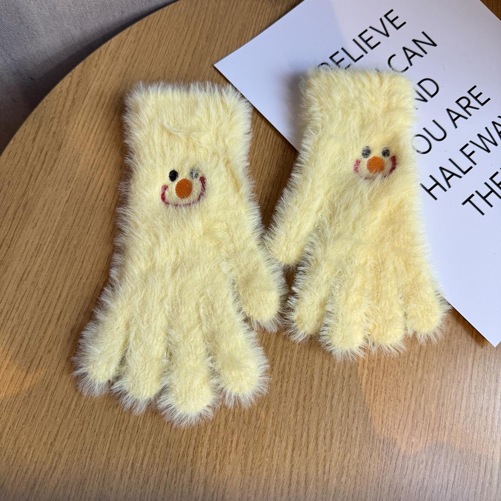 Niedliche lächelnde Gesichter bestickte Plüschhandschuhe für Damen im Winter Fellartig und Samt Warm und Kältefest Studenten Radfahren Touchscreen-Handschuhe